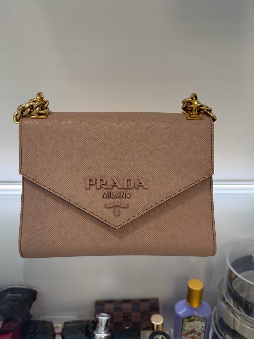 Prada Saffiano Leather Monochrome Envelope Chain Bag Pink